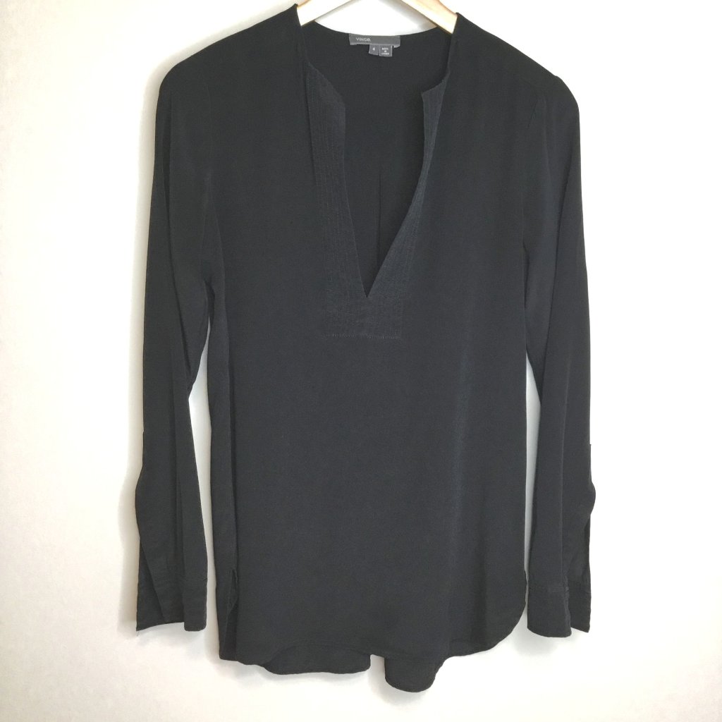 Vince Stretch Silk Long Sleeve Polo Blouse Black Size 4 Minimalist Luxury Top